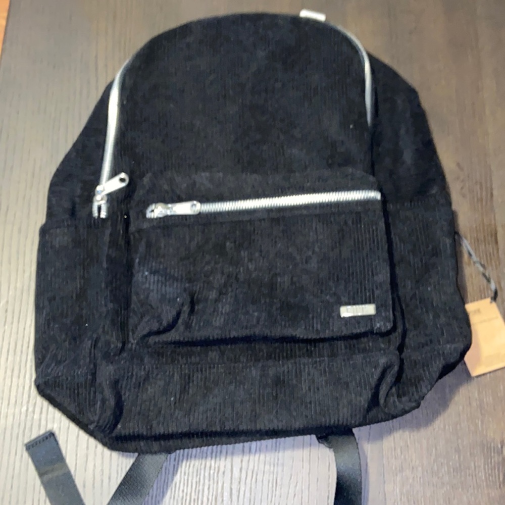 Pink brand black corduroy backpack